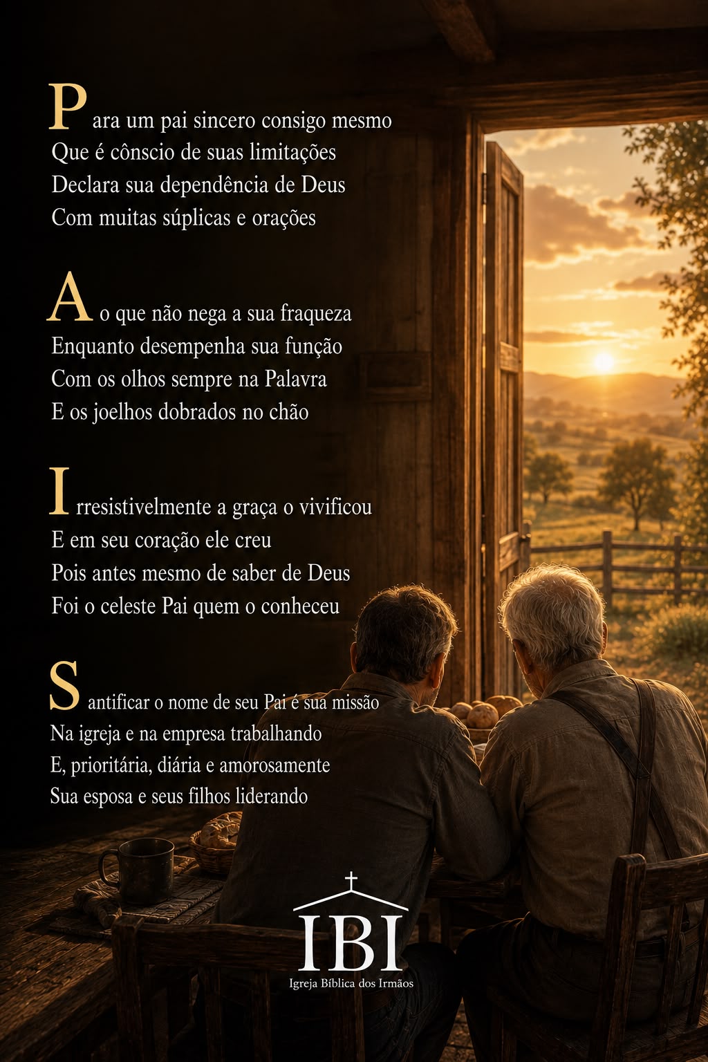 Para um pai sincero consigo mesmo
​Que é cônscio de suas limitações
​Declara sua dependência de Deus
​Com muitas súplicas e orações

Ao que não nega a sua fraqueza
​Enquanto desempenha sua função
​Com os olhos sempre na Palavra
​E os joelhos dobrados no chão

Irresistivelmente a graça o vivificou
​E em seu coração ele creu
​Pois antes mesmo de saber de Deus
​Foi o celeste Pai quem o conheceu

Santificar o nome de seu Pai é sua missão
​Na igreja e na empresa trabalhando
​E, prioritária, diária e amorosamente
​Sua esposa e seus filhos liderando.